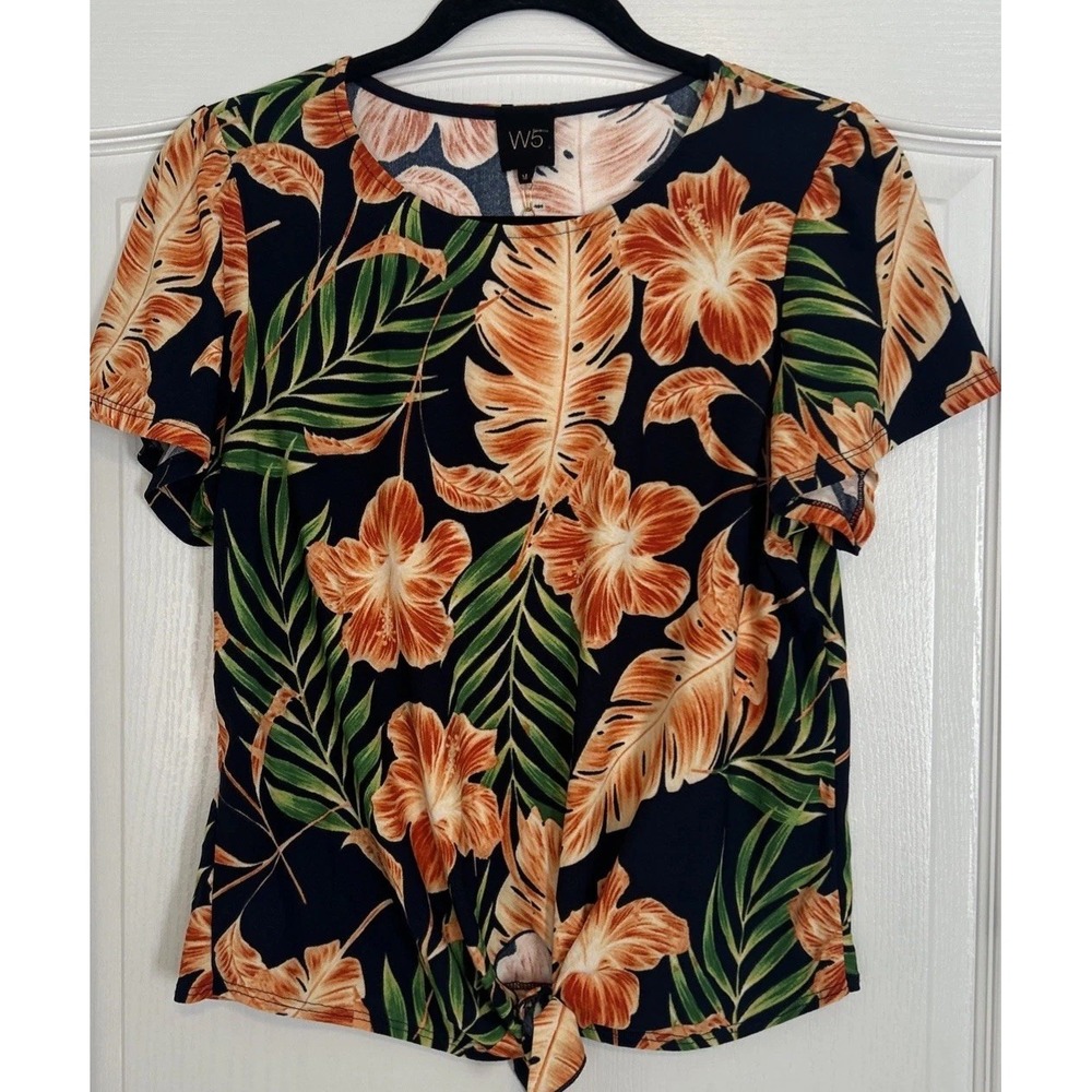 W5 Women's Cropped Front Tie Short Sleeve Tropical Floral Blouse Size M Navy NWT